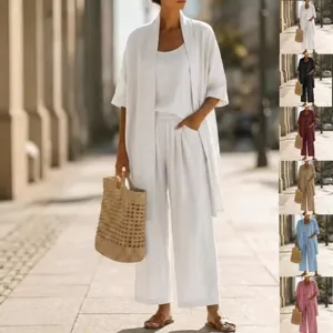 Γυναικείο casual χαλαρό 3 τεμαχίων λινό κουστούμι ζακέτα τοπ παντελόνι μονόχρωμο