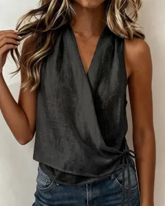Femme haut sans manches col en V cache-cœur style décontracté été lien latéral chemise de base