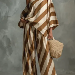 Chiques Retro-Streifen-Zweiteiler-Set mit stilvollem One-Shoulder-Top und passender Hose.