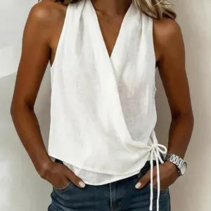 Femme Été Décontracté Blanc Col en V Sans Manches Top Cache-Cœur avec Nœud Latéral