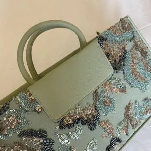 Grüne Pailletten Abendtasche handbestickte Clutch im Vintage Stil elegante Damentasche