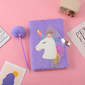 Purple fluffy unicorn diary notebook set with lock and matching cute pompom pen for kids.