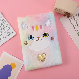 Cute cartoon plush notebook with colorful gradient cat embroidery design for kids journal.