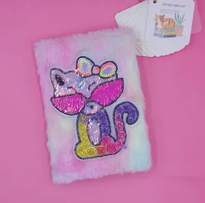 Gradient Tie-Dye Plush Notebook with Sequin Cat Patch Cute Student Diary Journal