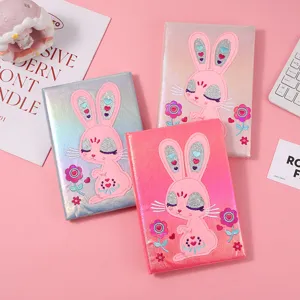 Children cute shiny bunny embroidered notebook set, pink gradient sparkly diary book.