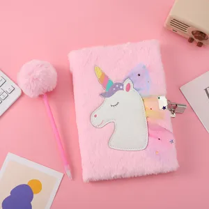 Cute pink plush unicorn notebook set with fuzzy ball pen and lock for kids and students.