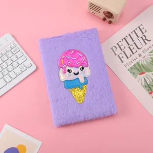 Purple plush notebook with cute sparkly ice cream embroidery for kids and students journaling.