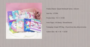 Cute sequin unicorn notebook detail view, colorful DIY diary journal for students and kids.