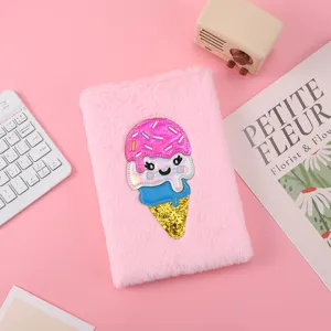 Cute fluffy plush notebook with sweet ice cream patch, soft pink diary for kids and students.