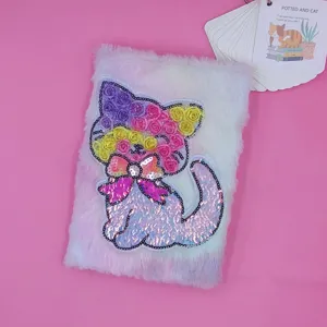 Fluffy gradient plush notebook with cute sequin cat embroidery hardcover diary for students girls