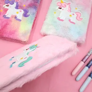 Cute fluffy unicorn notebook set with colorful embroidery and glitter pens for students journal.