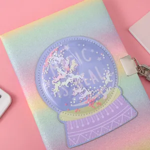 Glitter rainbow plush notebook with lock and unicorn shaker snow globe design for kids.