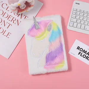 Carnet de notes licorne peluche rose brodé arc-en-ciel, journal intime mignon pour les enfants.
