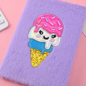 Detailed view of a purple plush notebook featuring a shiny cartoon ice cream patch cover.