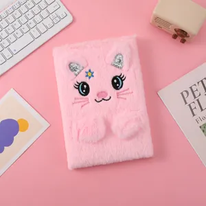Simpatico quaderno peloso rosa con gatto per bambini, morbido diario con ricamo.