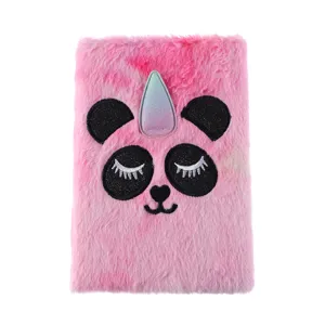 Cute pink plush notebook with panda face and unicorn horn design for kids daily journaling.
