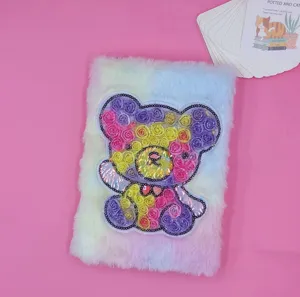 Fluffy tie-dye notebook with sequin bear patch, soft fuzzy journal for students and girls.