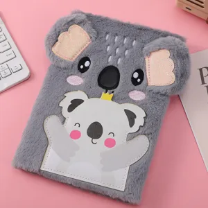 Cute grey koala plush notebook detail, soft furry cover with 3D ears and adorable design.