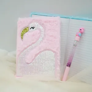 Pink flamingo plush notebook with sequin design for children and student daily detail