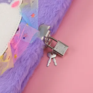 Cute purple plush unicorn diary notebook with secure lock and keys for kids and students.