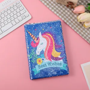 Süßes Cartoon Einhorn Pailletten Notizbuch für Kinder, Glitzer Tagebuch und Notizblock.