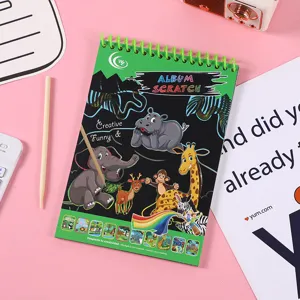 Kids colorful scratch art notebook with wooden stylus, creative DIY graffiti drawing book.