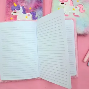 Cute unicorn plush notebook with lined pages, colorful embroidered cover and soft fur.