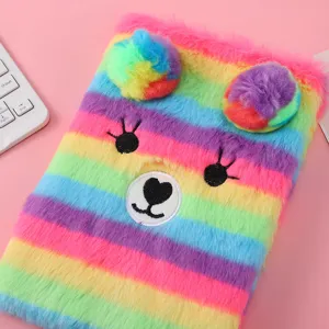Colorful rainbow plush notebook with cute 3d ears and bear face embroidery for kids diary.