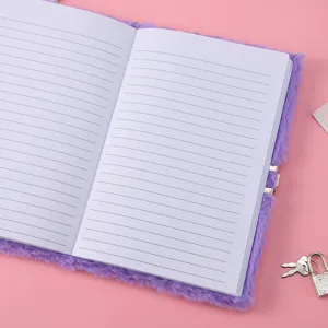 Purple plush fluffy diary notebook with lock and keys, lined journal for kids detail view.