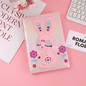 Pink glitter rabbit notebook detailed view, cute embroidered journal for kids and girls.
