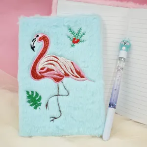 Cute fluffy flamingo notebook with soft plush cover and beautiful embroidery for daily journaling.