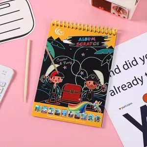 Children colorful scratch art notebook with wooden stylus, creative DIY drawing book for kids.