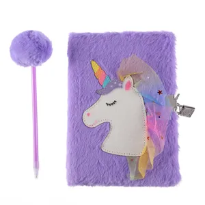 Close-up detail of the cute purple fluffy unicorn notebook with soft plush cover and lock.