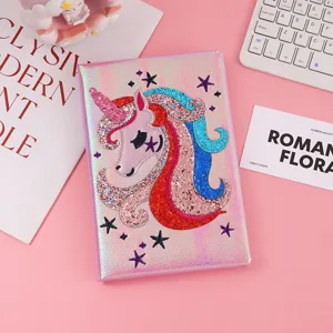 Cute unicorn sequin notebook detail view, glittering cover with lovely embroidery design.