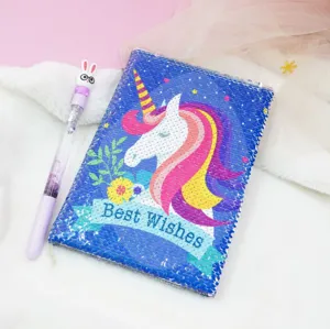 Cute sequin notebook with colorful unicorn design, perfect for student journaling and creative writing.