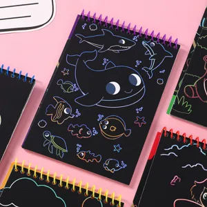 Kids scratch art notebook DIY magical drawing book colorful ocean animals spiral sketchbook.
