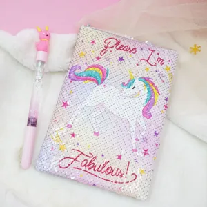 Cute sequin notebook with colorful unicorn design and matching liquid glitter pen for daily journaling.