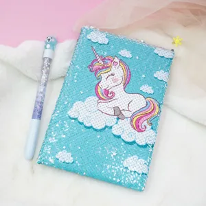 Cute sequin unicorn notebook and glitter gel pen set, perfect for daily journaling and school notes.