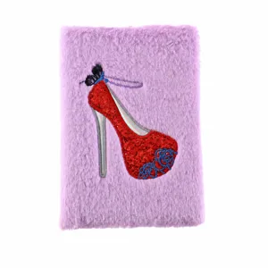Purple plush notebook with a sparkling red high heel embroidery design, 21.5x15.5cm size.