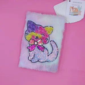 Tie-dye plush notebook with cute sequin cat design, fluffy student diary and journal.