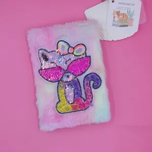 Cute gradient plush notebook with sequin cat design, soft fuzzy diary for students.