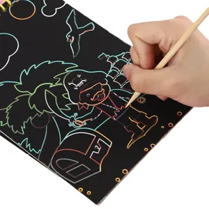 Colorful scratch art book for kids, magical black paper DIY drawing toy with wooden stylus.