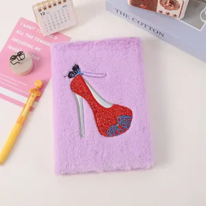 Purple plush notebook with sparkling red high heel embroidery, soft cover journal for daily use.