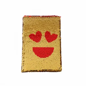 Reversible sequin notebook diary with heart smile pattern, portable 21.5x15cm memo book.