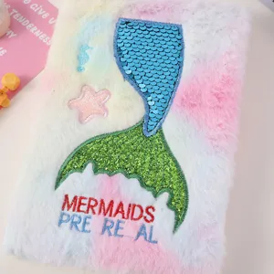 Carnet en peluche coloré avec broderie de queue de sirène en sequins, joli agenda d'étudiant.