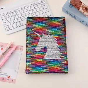 Colorful magic reversible sequin notebook with cute unicorn design, portable diary for student.