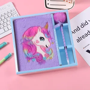 Suedesweiche Einhorn Tagebuch mit Stift Set, plueschige Notizbuecher fuer maedchen.