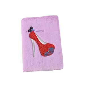 Cute purple plush notebook featuring a sparkling red high heels sequin design for daily journaling.