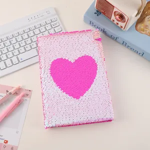 Reversible sequin notebook with heart design, portable DIY diary and journal for student notes.