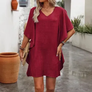 Élégante robe ample unie à col en V pour femmes, manches volantées mode d'été.